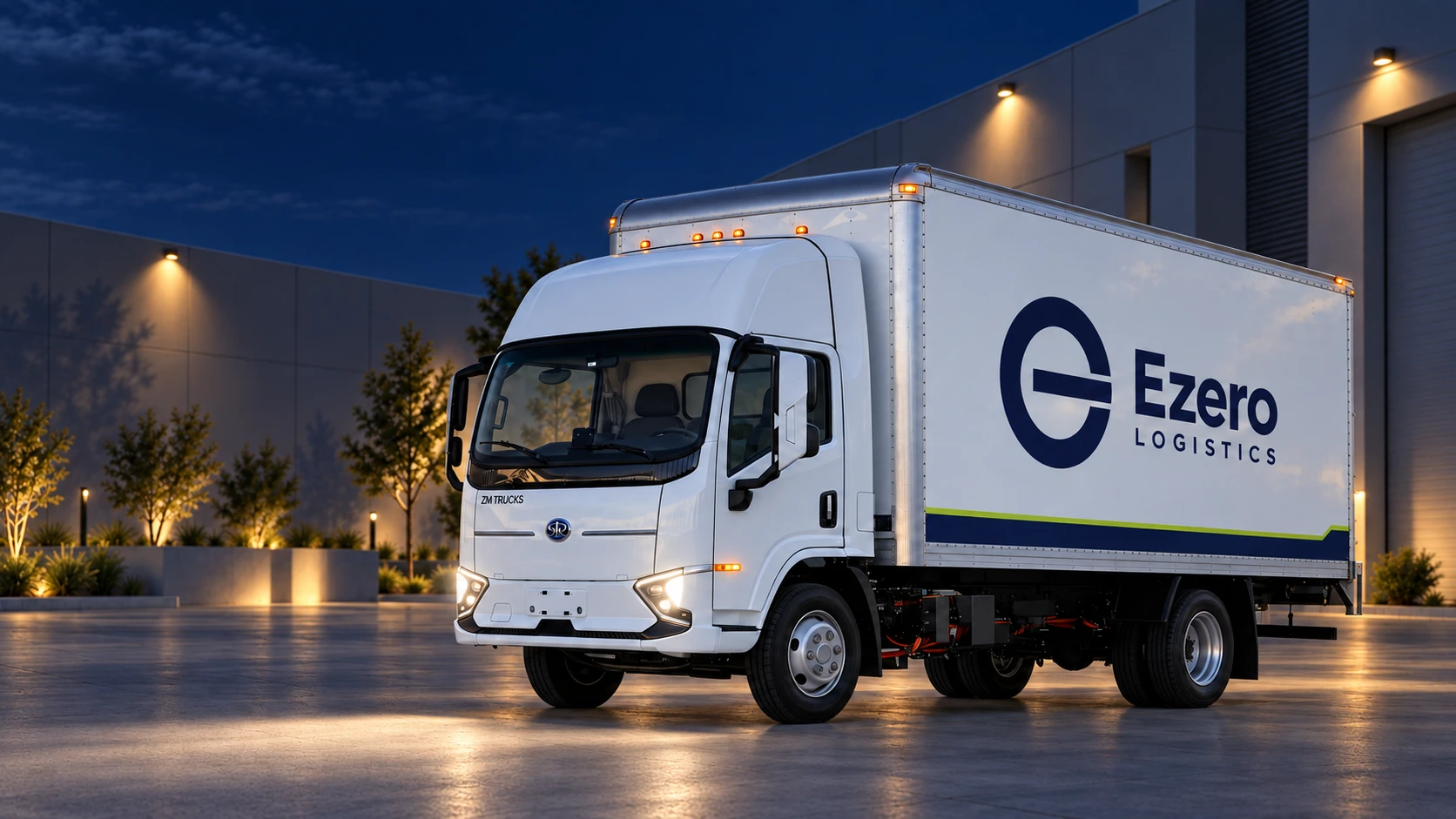 Concept of a white Ezero electric box truck outside a modern warehouse